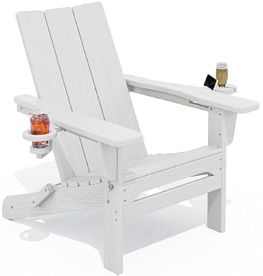 SERWALL Modern Folding Adirondack Chair with Cup Holders, All Weather Resistant Outdoor Adirondack Chair, HDPE Fire Pit Chair for Patio Lawn Graden, White