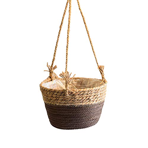 SANGDA - Maceta colgante de paja con cuerda de yute, cesta plegable de macramé para flores, plantas, decoración de interiores y exteriores