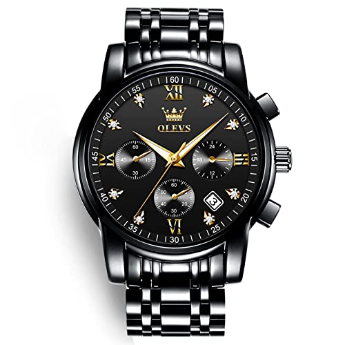 OLEVS Men's Chronograph Watch, Gold Silver Tone Stainless Steel Analog Quartz Watch, Multi-Function Waterproof Date Diamond Roman Numerals Dial Dress Watch for Men