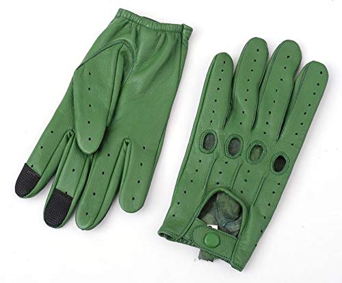 Men’s Green Leather Driving Touch Screen Gloves With Reverse Stitch Knuckles (Small)