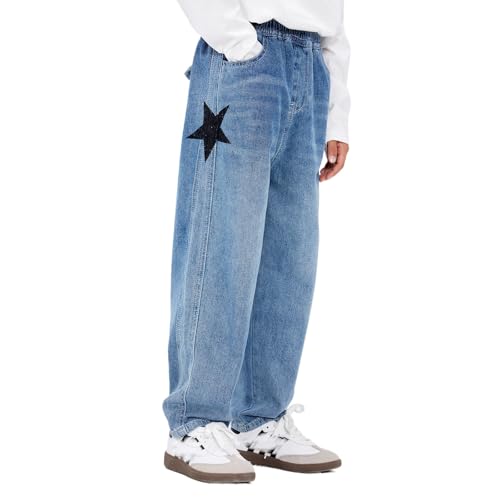HBER Boys Kids Star Jeans Elastic Waist Wide Leg Baggy Jeans Straight Leg Denim Pants for Teen Boys 5-14 Years
