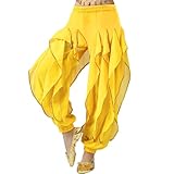 Women Belly Dance Harem Pants Tribal Baggy Arabic Halloween Trousers with Gold Trim (US, Alpha, One Size, Regular, Regular, Yellow)