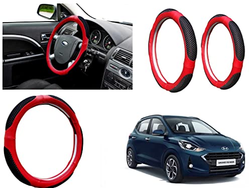 Image of Microfiber Car Steering Wheel Cover, Soft Padding Great Hand Feel, Anti-Slip, Faux Leather Steering Cover for Hyundai i10 Grand Nios | Black Red Jali - Pack of 1