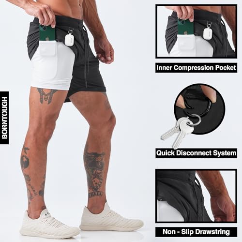 Born Tough 2 in 1 Mens Workout Shorts, 7 Inch Inseam Gym Shorts, Athletic Shorts for Bodybuilding, Running with Liner Pocket2