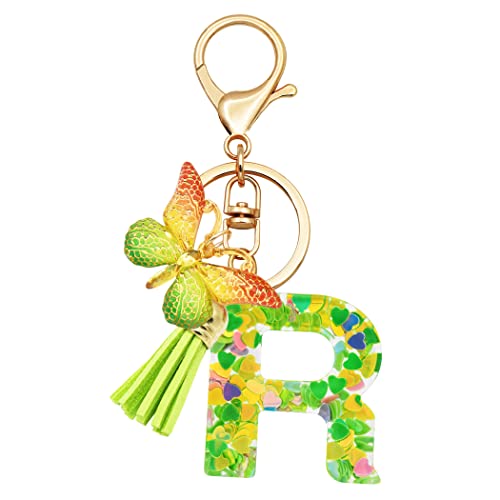 TTYY Initial Letter Keychains for Girls Women Pink Purple Green Cute Butterfly Heart Keychain for Backpack School Bag, Green Heart Letter R, Large