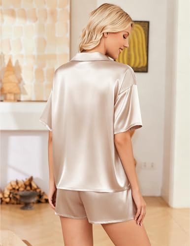 Image of Ekouaer Womens Satin Pajama Set Short Sleeve Sleepwear Button Down Pjs | Silky Smooth Satin, Soft Top and Shorts, Bridal Getting Ready Outfit, 2 Piece Loungewear Set for Daily Sleep, Wedding Party