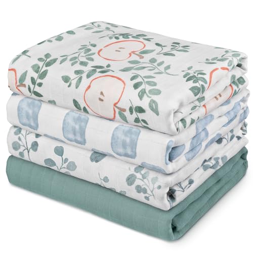 Image of Gllquen Baby Muslin Swaddle Blankets 4-Pack Breathable Receiving Blankets (35" x 40") Soft Baby Blankets for Girls and Boys Newborn Essentials Muslin Burp Cloths Swaddle Wrap Baby Gift(Apple Paradise)