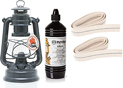 Feuerhand Starter-Set Sturmlaterne Baby Special 276 Set mit 1 Liter Alkan und 2 Ersatz-Dochten (Anthrazitgrau)