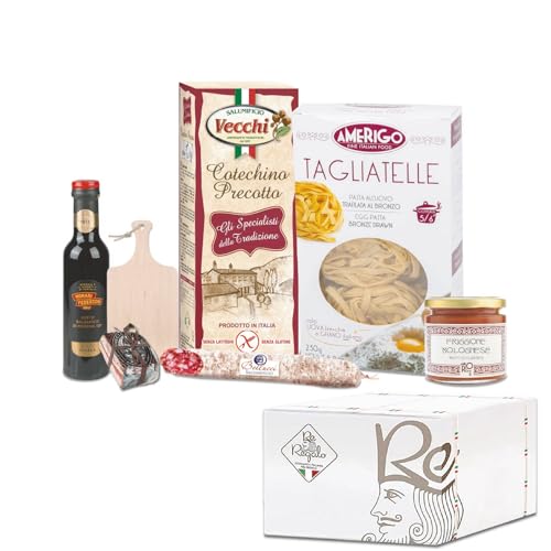 RE REGALO EMILIA ROMAGNA Cesto Alimentare 8 Pezzi Passata Pomodoro, Tagliatelle All'Uovo, Tigelle, Aceto Balsamico Modena IGP, Salame Strolghino, Cotechino, Parmigiano Reggiano 24 Mesi, Alta Qualità