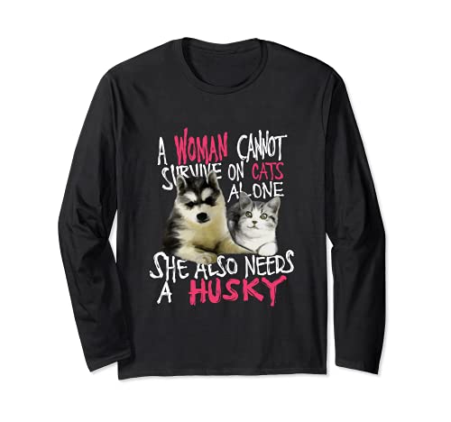 Women's Siberian Husky Dog And Cats Long Sleeve T-Shirt, Black