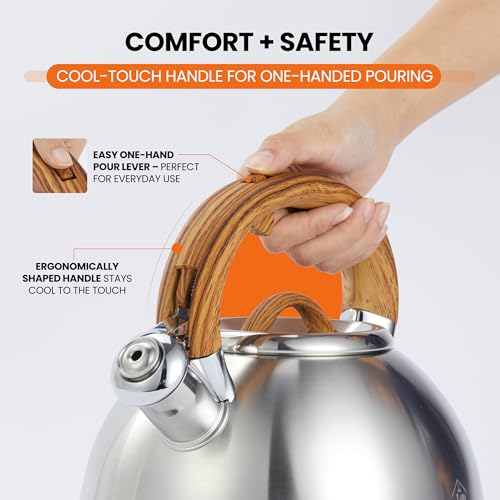 Whistling Tea Kettle for Stovetop 3.1 QT Large Stainless Steel Teapot, Warp Resistant, Wood Pattern Ergonomic Handle – For Gas, Electric, Induction & Ceramic Stove top