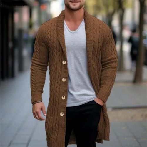 Men Long Cable Knit Cardigan Sweater Shawl Collar Button Front Thick Warm Pullover4