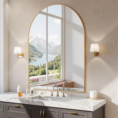 Image of Antok Arched Bathroom Mirror, 30 inchx40 inch Wall Mounted Mirror, Vanity Mirrors for Over Sink, Aluminum Alloy Frame Bathroom Mirrors Living Room, Bedroom and Entryway, Gold