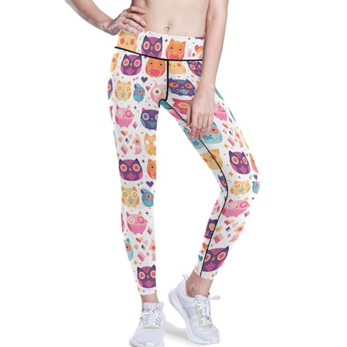 KLL Women Leggings Tummy Control, Cute Owl Animal Cartoon, Soft Activewear Pants, XS