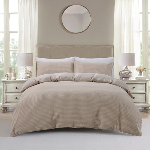 BOURINA Waffle Bedding Set Double, Soft Breathable Microfibre Quilt Cover with Pillowcases, Modern Taupe Bedding