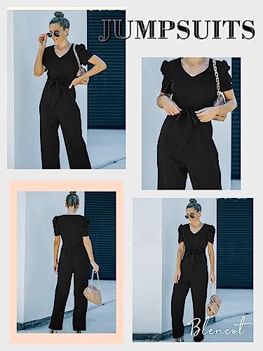 Blencot Black Jumpsuit For Women Short Sleeve Casual V Neck Belted Wide Leg Formal Rompers Jumpsuits X-Large #TOP1