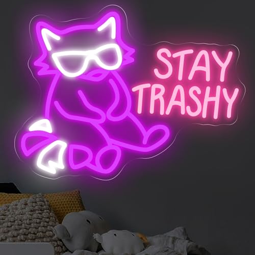 Image of Stay Trashy Neon Sign Raccoon LED Light Stay Trashy Decor Wall Raccoon Decoration Funny Funny Home Decor Room Decoration, 17.1 inchx13 inch