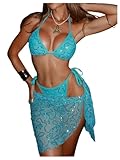 SHENHE Women's 3 Piece Swimsuits Sequin Triangle String Bikini Set with Cover Up Wrap Skirt Teal Blue Medium