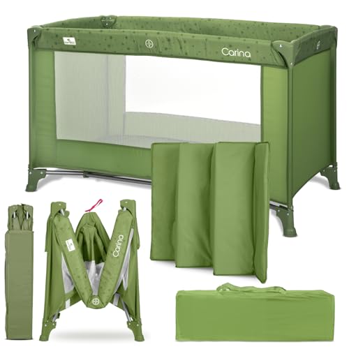 Lorelli Baby Reisebett, 2 in 1 Babybett und Laufstall Carina, Kinderbett ab Geburt bis 15 kg, Faltbar inkl. Transporttasche, Grün