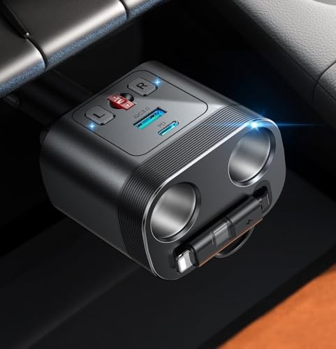 Image of INICIO 140W 5 in 1 Car Charger Adapter With 30W Retractable Type C iOs Cable 30W PD & USB Ports 2 x DC Cigarette Lighter Sockets for iPhone 16 15 Galaxy S25 S24 Car Devices Like GPS Inflators Dash Cam