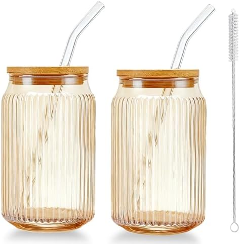 Amazon.com: 2 PCS Glass cups with Lids and Straws, 16 OZ Iced Coffee ...