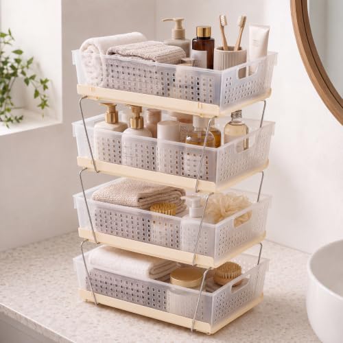 Image of TEX-RO Stackable Storage Baskets Organizer - 4 Tier Multipurpose Plastic Storage Rack with Stainless Steel Support Rods for Bathroom, Vanity, Wardrobe & Under Sink Storage (Clear /Beige)