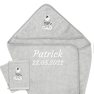 Baby Handtuch personalisiert mit Namen und Geburtsdatum Oeko Tex Zertifiziert – Kapuzenhandtuch 80x80cm + 2 Baby…