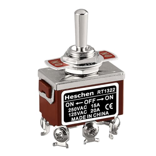 Heschen Metal Toggle Switch, RT1322, DPDT, Maintained Type, ON/OFF/ON, 3 Position, 15A 250VAC