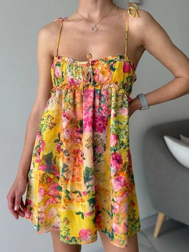 Image of ROAONOCOMO Women Boho Graffiti Cami Mini Dress Spaghetti Strap Printed A Line Short Dress Cute Colorful Sundress