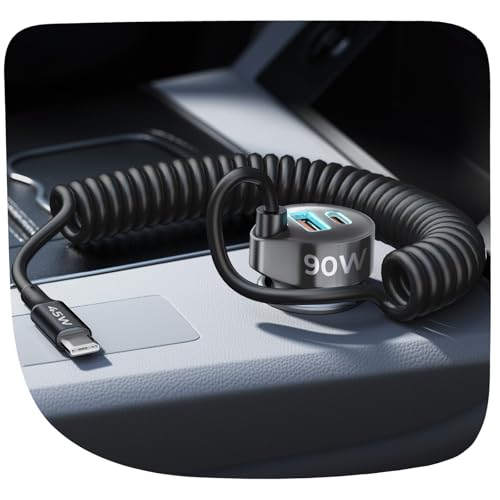 LISEN Car Charger with 45W Built-in USB-C 36 inch Coiled Cable, 90W Multi-Port Fast Charging Cigarette Lighter Adapter for iPhone 17/16/15 Pro Max, Samsung Galaxy S26 Ultra, Black