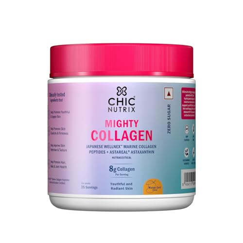 Image of Chicnutrix Marine Collagen Supplements Powder for Women & Men | 8000mg Japanese Wellnex Marine Collagen Peptides, AstaReal Astaxanthin | Zero Sugar, Fast Absorption & No Fishy Aftertaste | Mango Flavour, 25 Servings