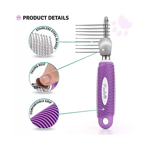 Poodle Pet Dematting Fur Rake Comb Brush Tool with Long 2.5” Steel Safety Blades for Detangling Matted or Knotted Undercoat Hair, Safe Grooming Accessories for Dogs, Longhaired Cats, Rabbits, Horses – Bild 3