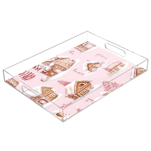 Nesatuwa Christmas Gingerbread Houses Acrylic Serving Tray with Handles,Clear Serving Tray Decorative Tray Organiser for Ottoman, Kitchen, Bedroom Decorative Tray 12x16 Inches