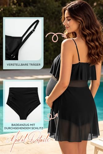 SHEKINI Zweiteiliger Umstandsbadeanzug für Damen – Tankini-Set mit hoher Taille und Mesh-Einsätzen(Schwarz,Large)