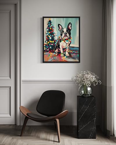 Image of Boston Terrier Christmas Black Framed Wall Art Print Poster, Dog Pet Lover Picture Painting Artwork Bedroom Living Room Office Dining Room 150D (Boston Terrier Christmas, 10 inch L x 8 inch W, Black Frame)