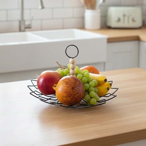 Image of Go Hooked Metal Fruit Basket with Detachable Wooden Bead Handle 26Cm | Decorative Wire Fruit Bowl for Home & Dining | Rust-Resistant Iron Basket for Fruits, Vegetables, Snacks & Home Storage