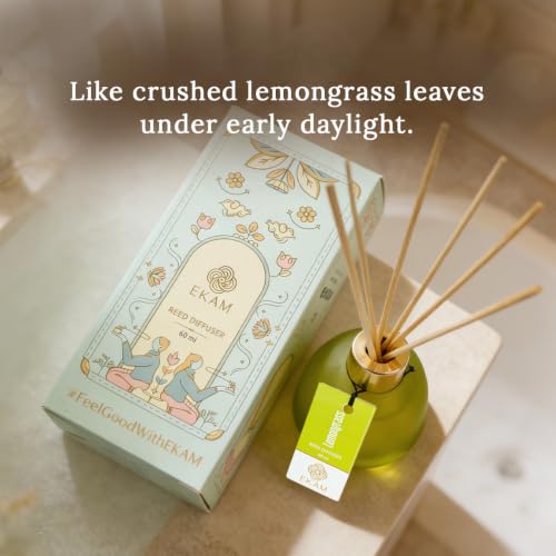 Image of Ekam Frosted Glass 60ml Lemongrass Reed Diffuser Set | Free 6 Fiber Reed Sticks | Stress Relief & Aromatherapy, Long-Lasting Home Fragrance (Up to 60 Days) | Air Freshener for Room, Bedroom & Bathroom