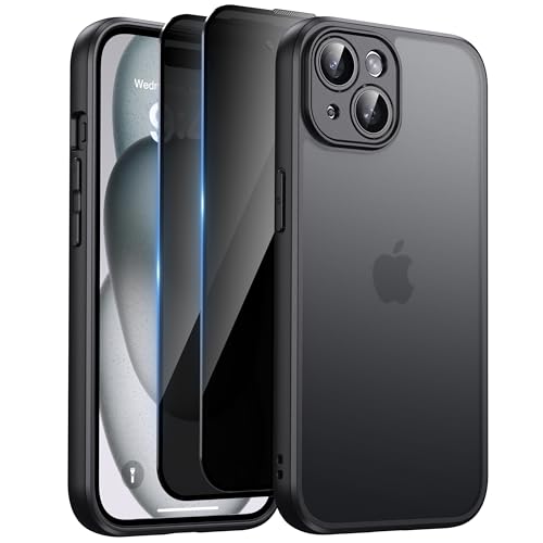 HeIssitot Matt Handyhülle für iPhone 15 Hülle und 2 Stück Sichtschutz Schutzfolie [Kameraschutz] [Militärstandard] Durchscheinende PC Rückseite TPU Bumper Schutzhülle für iPhone 15 Schwarz