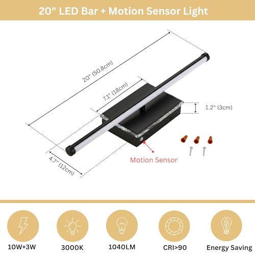 Image of 20-Inch Smart LED Vanity Light Bar | Dual Light Source (10W Main /3W Motion Sensor) | 4 Switch Modes (Incl. Night Light) | 3000K, 1040LM, CRI 90+, Dimmable, ETL (Matte Black)