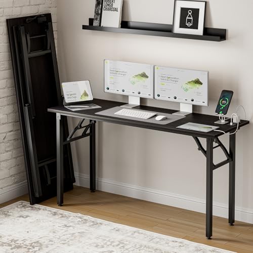 Image of Small Folding Computer Desk - 55.1 Inch Portable Table for Craft and Study, Lightweight Desk for Small Spaces, Foldable Laptop Table Built-in AC /USB Outlets for Convenience, Dark Oak
