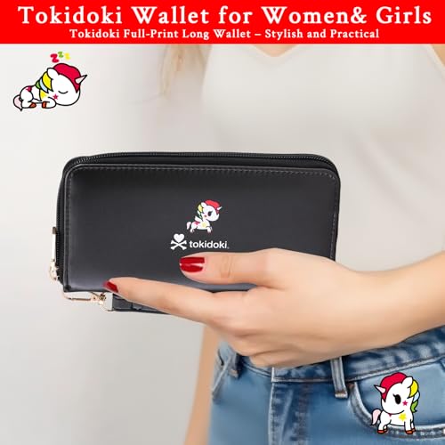 Tokidoki Leather Wallets for Women Clutch Handbags Large Capacity Purse Credit Card Holder Cash Pocket with Grip Hand Strap Long (Black)4