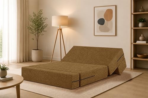 Image of One Seater Sofa Cum Bed Jute Fabric 3 X 6 Ft| Space Saving Foldable Sofa Bed for Living Room & Guest Room | Comfortable Multi-Functional Furniture - Golden
