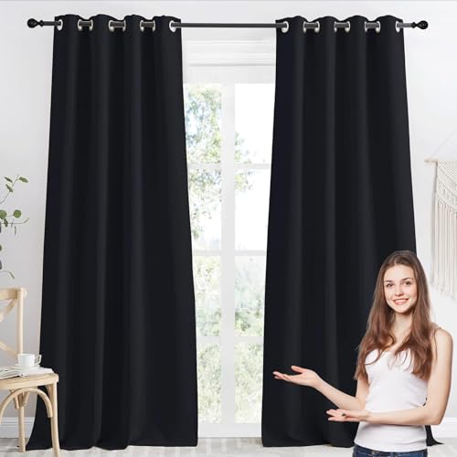 WUXXIANG 100% Rideau Occultant 2 Pièces 80 x 80 cm 100% Polyester, Satiné, Rideau Opaque Anti Chaleur à Oeillets, avec Cravates, pour Maison Salon, Noir