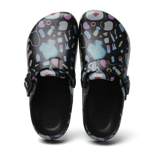 Image of Eliogn Women's Garden Clogs with Print, Waterproof Slip Resistant Work Clogs, Lightweight EVA Slip-On Mules, Cushioned Comfortable Shoes for Nurse, Chef, Kitchen, Beach