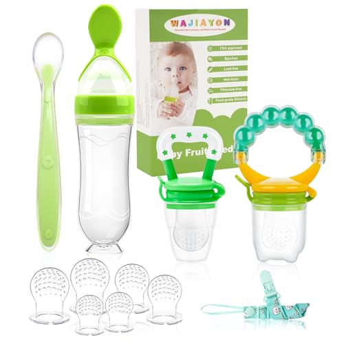 Image of WAJIAYON Baby Fruit Feeder Pacifier - 12 Pack | 2 Infant Food Feeder Pacifier & 1 Babies Food Dispensing Spoon | Fresh Fruit Teethers for Babies | Silicone Feeder Baby,Infant Teething Feeders(Green)