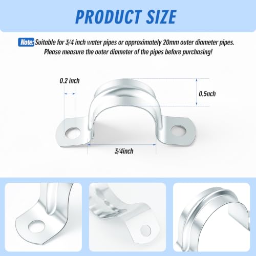 Image of Yaocom 100 Pcs 3 /4 inch Opening Pipe Strap, Galvanized Steel Conduit Clamp | U Bracket 2 Hole Mount for Pipe Fixing on Surfaces, Corrosion Resistant for Wall Ceiling, Heavy Duty Rigid Clamp Support