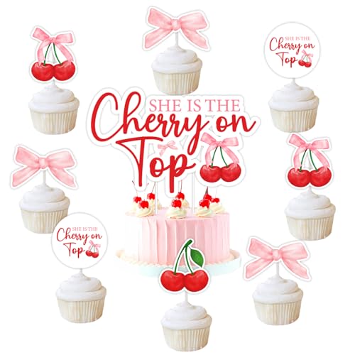 She's The Cherry On Top Baby Shower Cake Toppers Cherry Themed Cupcake Toppers Coquette Cherry Bachelorette Party Decorations Cherry Cake Decorations for Girls Baby Shower Bridal Shower Birthday Party