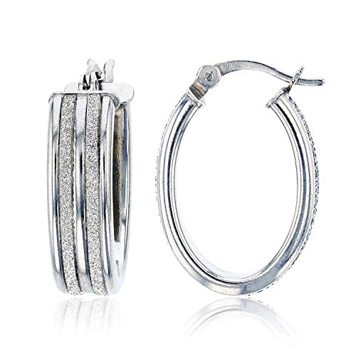 Sterling Silver Polished Rhodium 2 Row White Glitter Hoop Earrings for Women | 6x20mm Oval Hoop Earrings | Secure Snap Bar Closure | 14k Shiny Sparkle Sand Classic Earrings