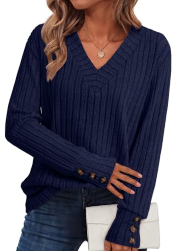 Image of Dokotoo Womens Tops V Neck Lightweight Sweater Fall Long Sleeve Top 2026 | Decorative Buttons, Soft Breathable Knit Material, Pullover Tunic Tops, Business Casual, Fall Outfits, Winter Clothing 2026
