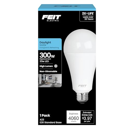 Feit Electric A23 LED Light Bulb, 300W Equivalent, Non-Dimmable, 4060 Lumens, E26 Standard Base, 5000k Daylight, 80 CRI, High Output LED Bulb, Damp Rated, 22 Year Lifetime, OM300/850/LED